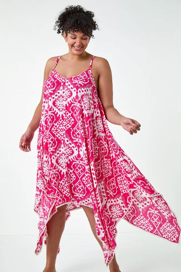 Pink Curve Aztec Bobble Trim Hanky Hem Dress Women Roman Dresses