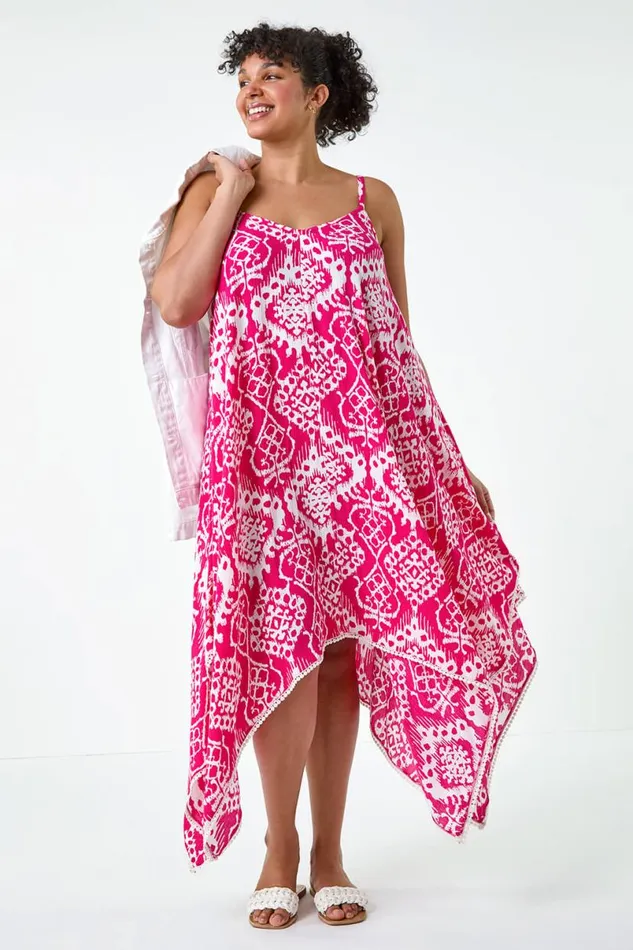 Pink Curve Aztec Bobble Trim Hanky Hem Dress Women Roman Dresses