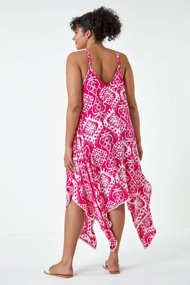 Pink Curve Aztec Bobble Trim Hanky Hem Dress Women Roman Dresses