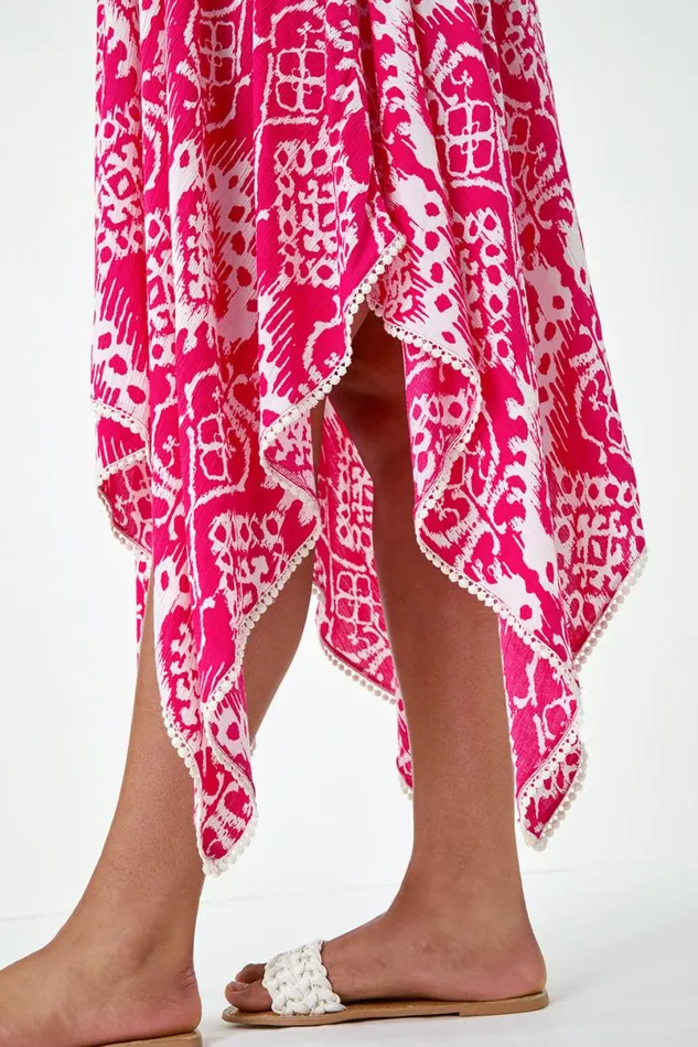 Pink Curve Aztec Bobble Trim Hanky Hem Dress Women Roman Dresses