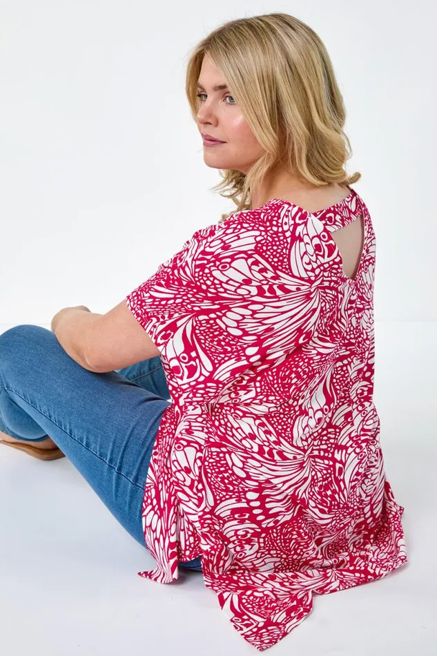 Pink Curve Butterfly Bar Back VNeck Stretch Top Women Roman Tops