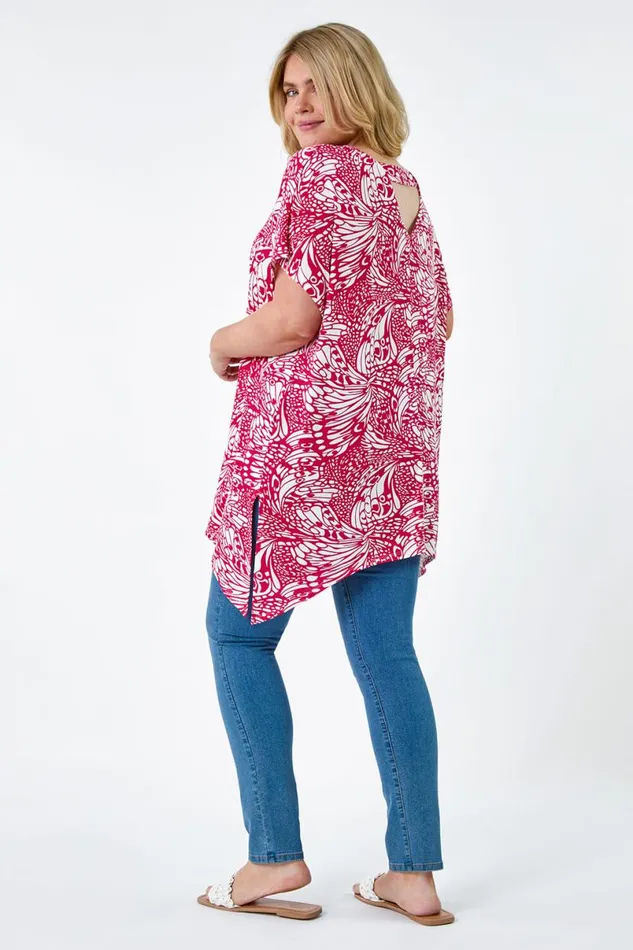 Pink Curve Butterfly Bar Back VNeck Stretch Top Women Roman Tops