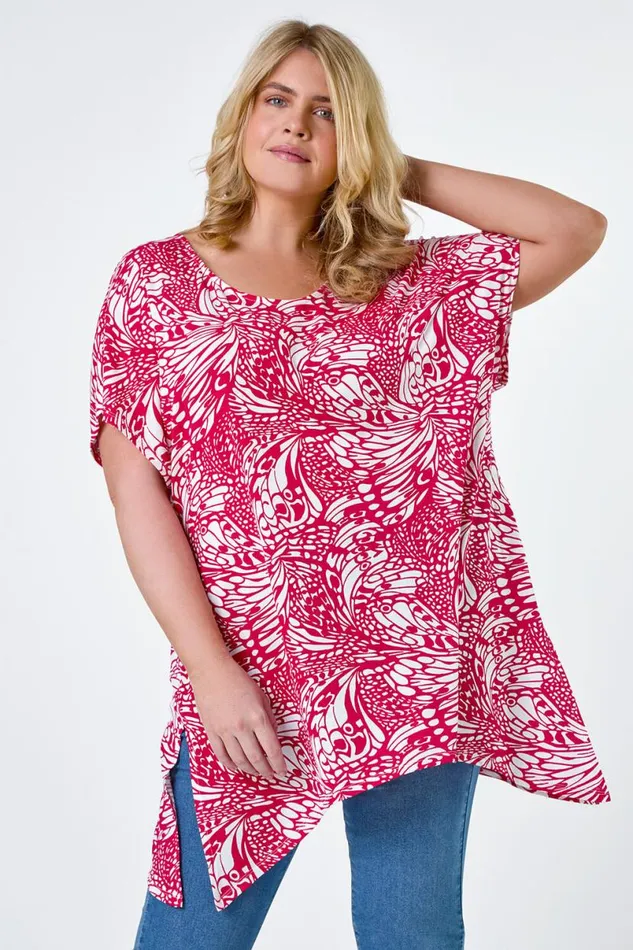 Pink Curve Butterfly Bar Back VNeck Stretch Top Women Roman Tops