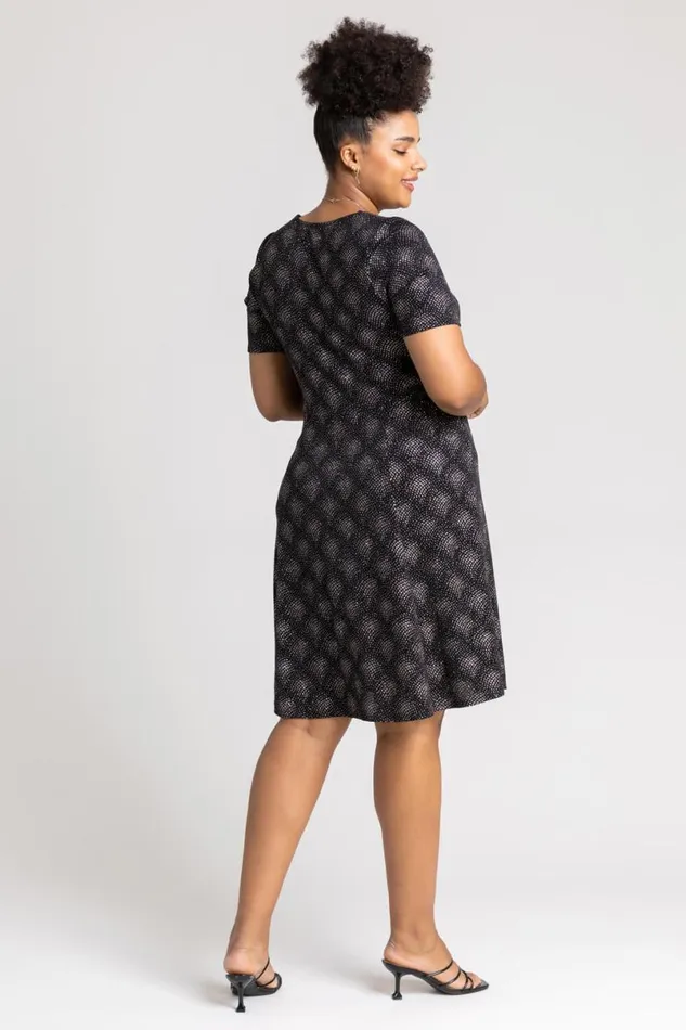 Pink Curve Glitter Print Fit and Flare Skater Dress Women Roman Dresses