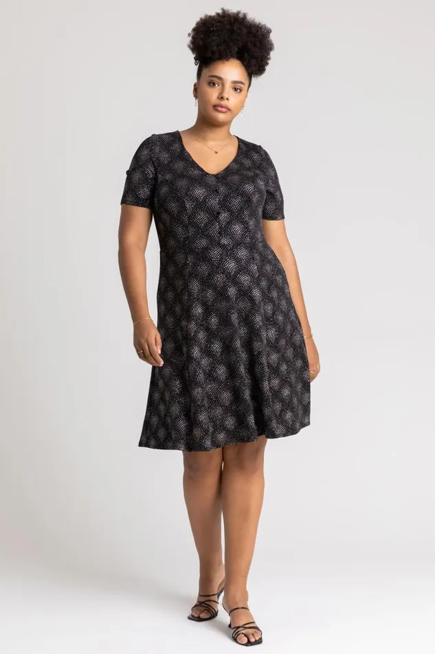 Pink Curve Glitter Print Fit and Flare Skater Dress Women Roman Dresses