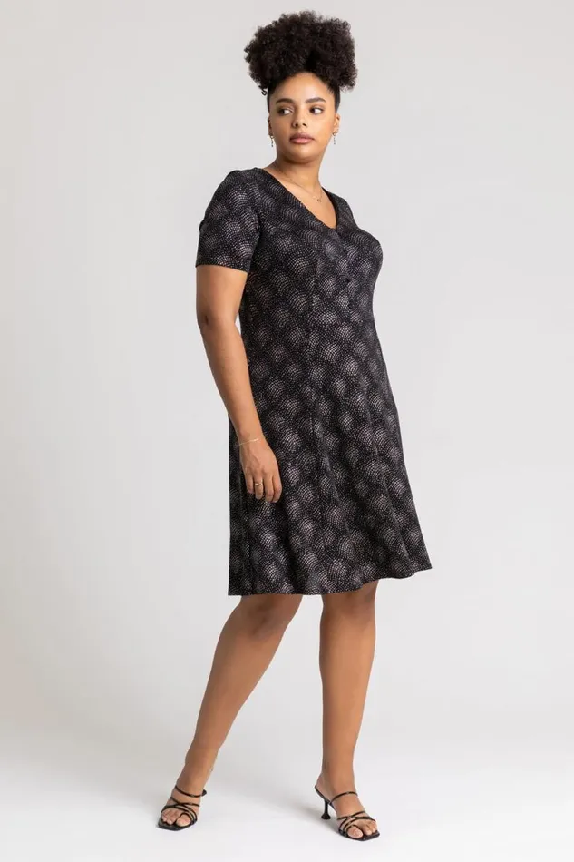 Pink Curve Glitter Print Fit and Flare Skater Dress Women Roman Dresses