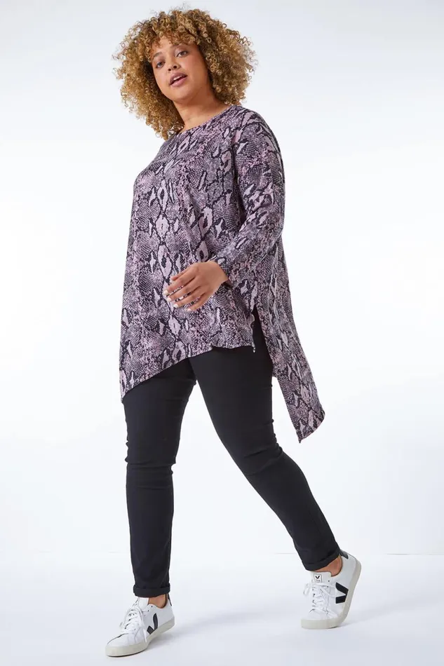 Pink Curve Snake Print Hanky Hem Tunic Top Women Roman Tops