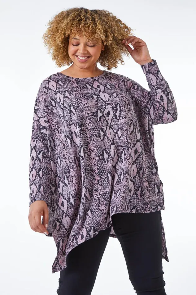 Pink Curve Snake Print Hanky Hem Tunic Top Women Roman Tops
