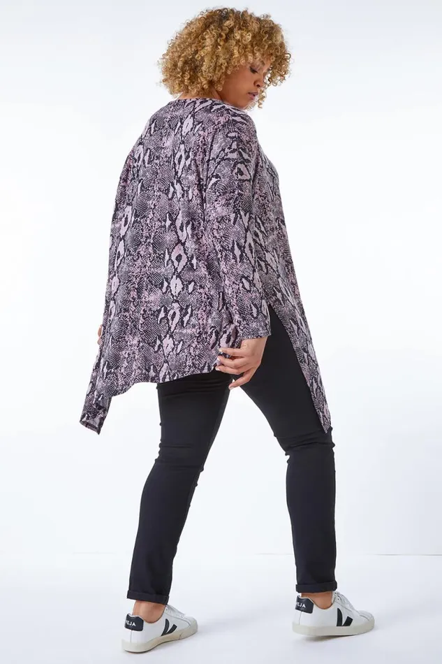 Pink Curve Snake Print Hanky Hem Tunic Top Women Roman Tops