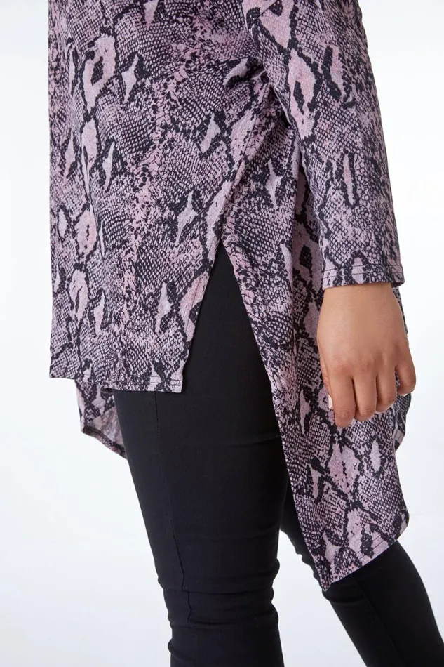 Pink Curve Snake Print Hanky Hem Tunic Top Women Roman Tops