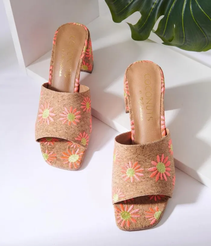 Pink Daisy Cork Mule Heels Shoes Unique Vintage Sandals