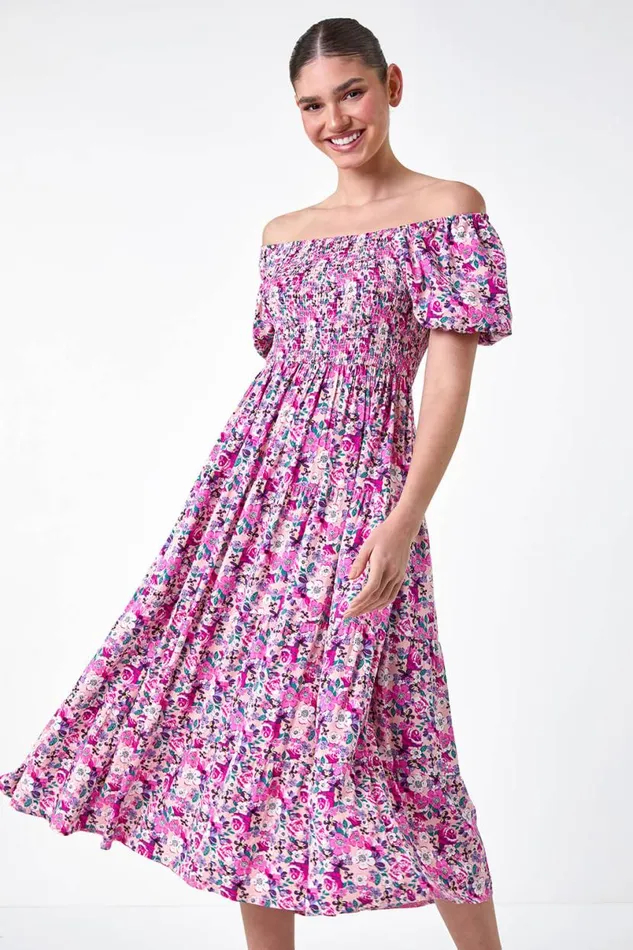 Pink Ditsy Floral Shirred Bardot Tiered Dress Women Roman Dresses