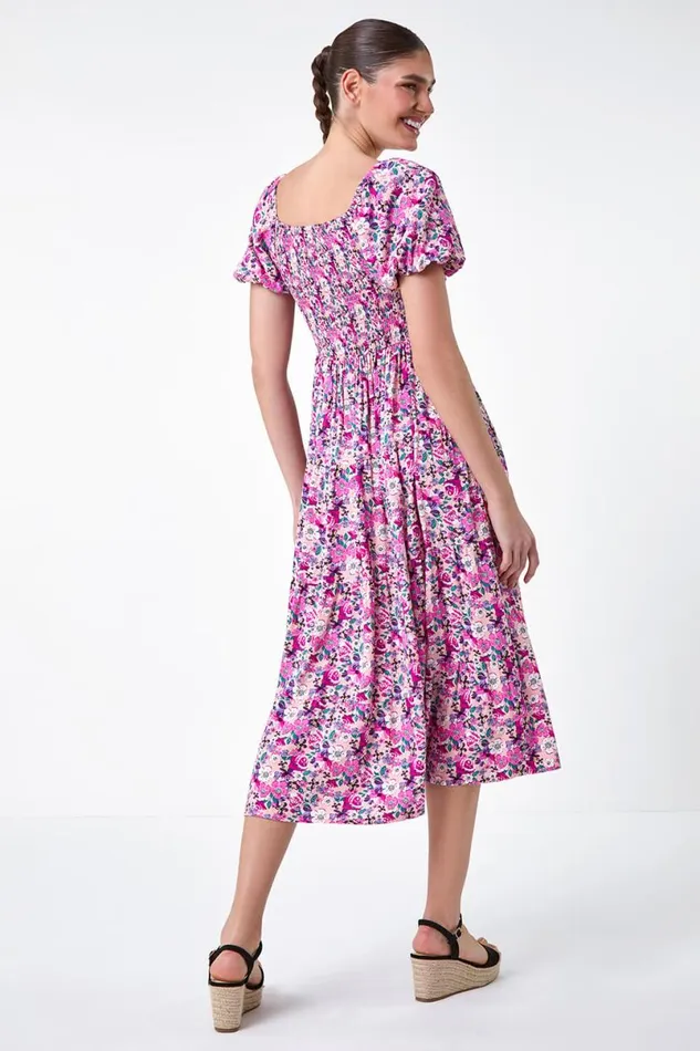 Pink Ditsy Floral Shirred Bardot Tiered Dress Women Roman Dresses