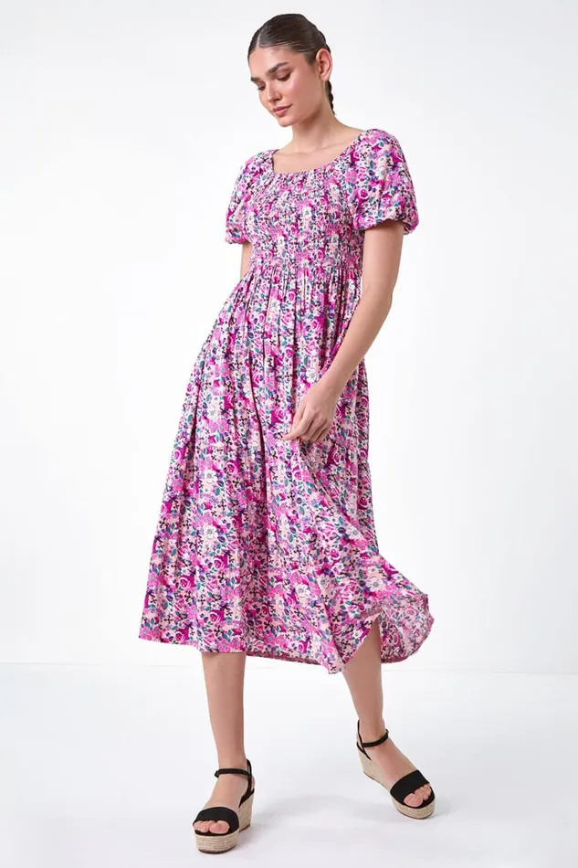 Pink Ditsy Floral Shirred Bardot Tiered Dress Women Roman Dresses
