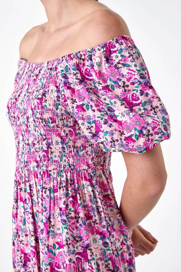 Pink Ditsy Floral Shirred Bardot Tiered Dress Women Roman Dresses