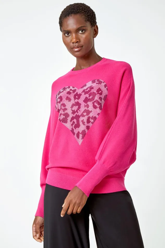 Pink Embellished Animal Heart Print Jumper Women Roman Knitwear