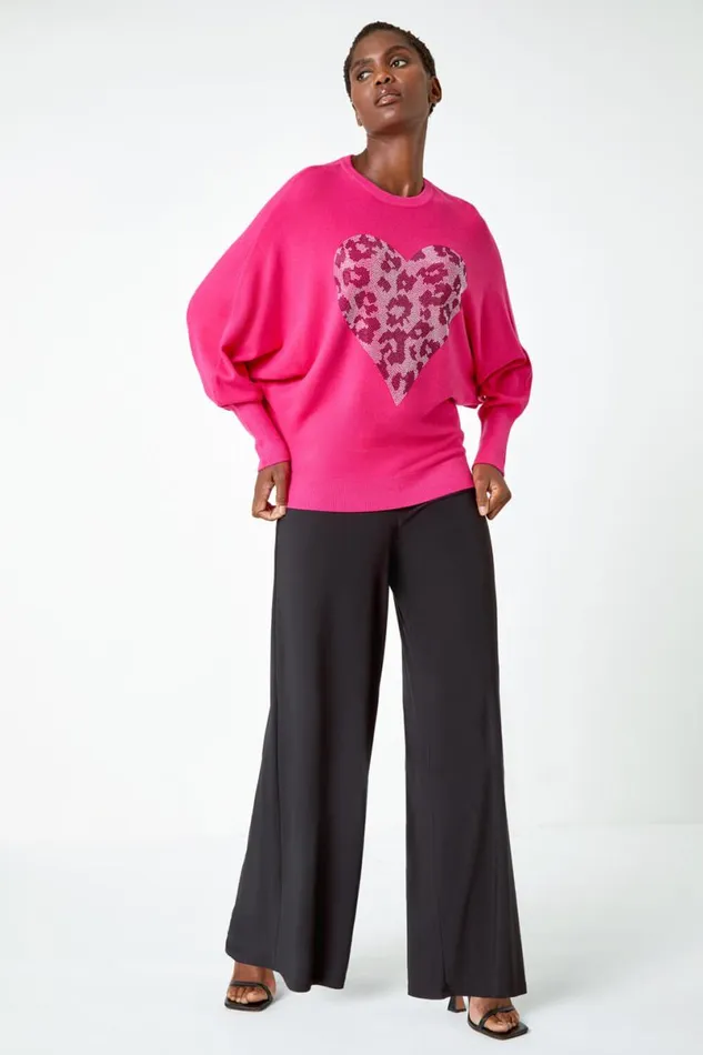 Pink Embellished Animal Heart Print Jumper Women Roman Knitwear