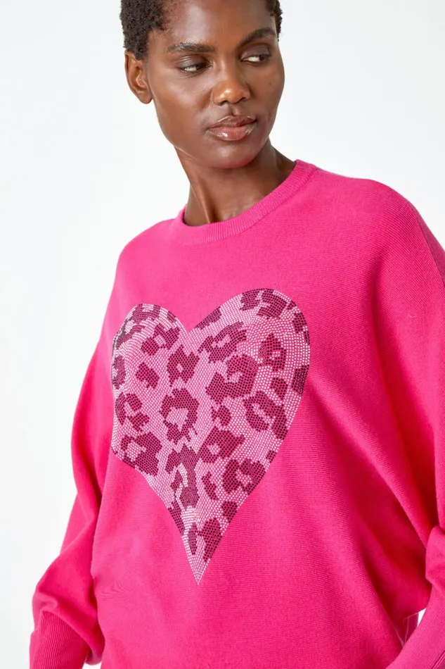 Pink Embellished Animal Heart Print Jumper Women Roman Knitwear