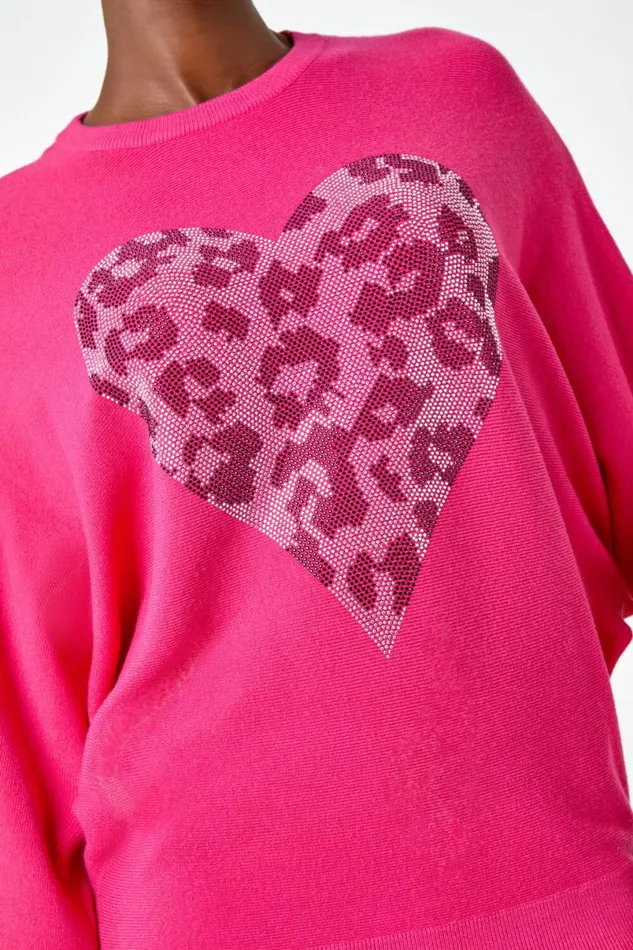 Pink Embellished Animal Heart Print Jumper Women Roman Knitwear