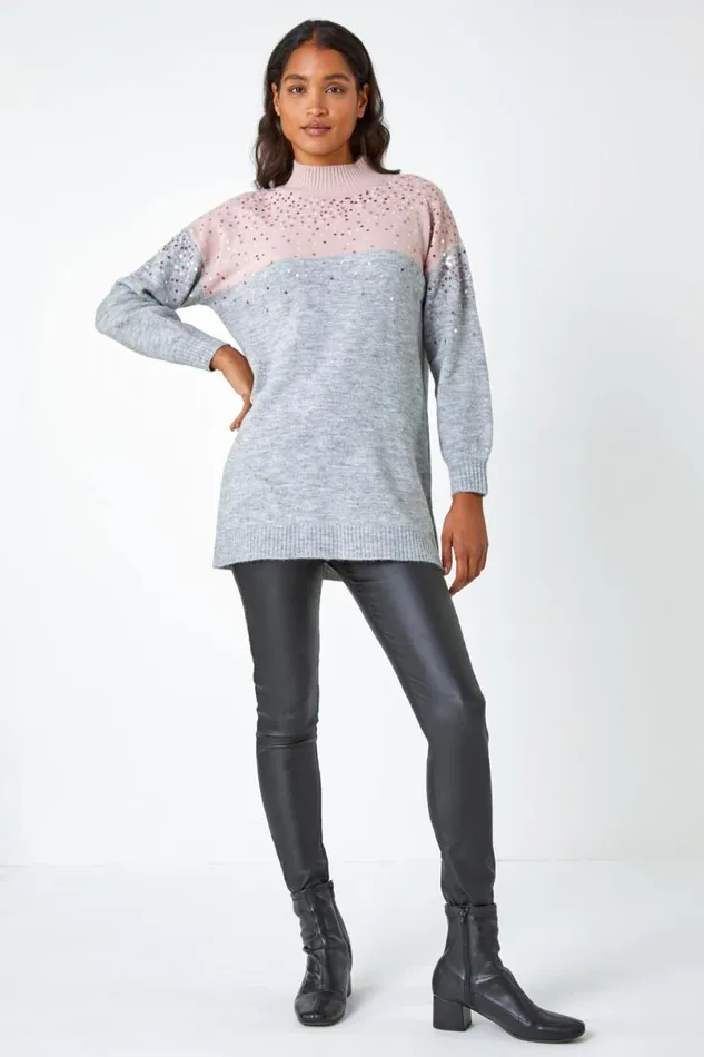 Pink Embellished Tunic Stretch Longline Jumper Women Roman Knitwear
