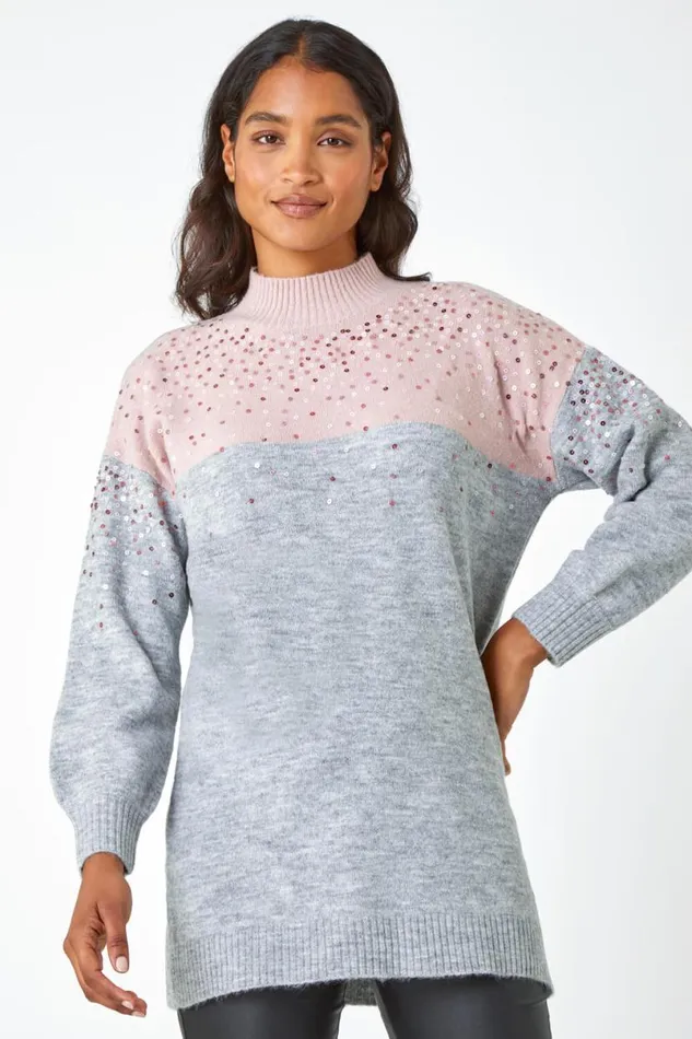 Pink Embellished Tunic Stretch Longline Jumper Women Roman Knitwear