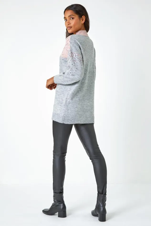 Pink Embellished Tunic Stretch Longline Jumper Women Roman Knitwear