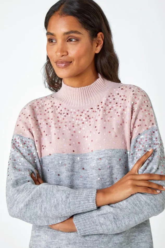 Pink Embellished Tunic Stretch Longline Jumper Women Roman Knitwear