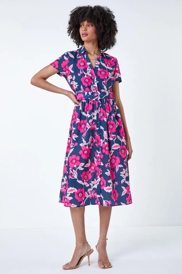 Pink Floral Linen Look Belted Shirt Dress Women Roman Dresses