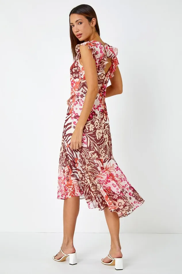 Pink Floral Print Chiffon Frill Detail Midi Dress Women Roman Dresses