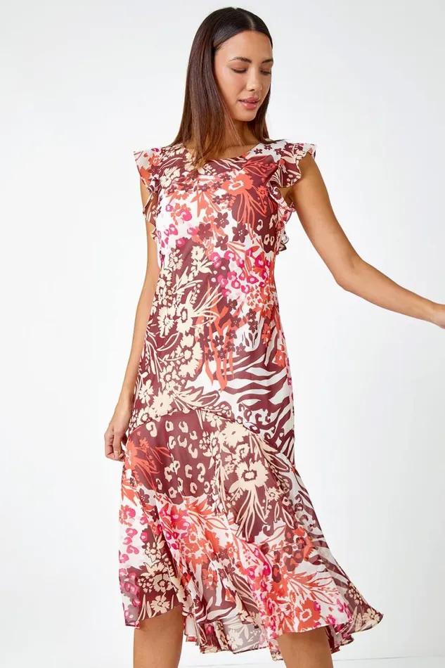 Pink Floral Print Chiffon Frill Detail Midi Dress Women Roman Dresses