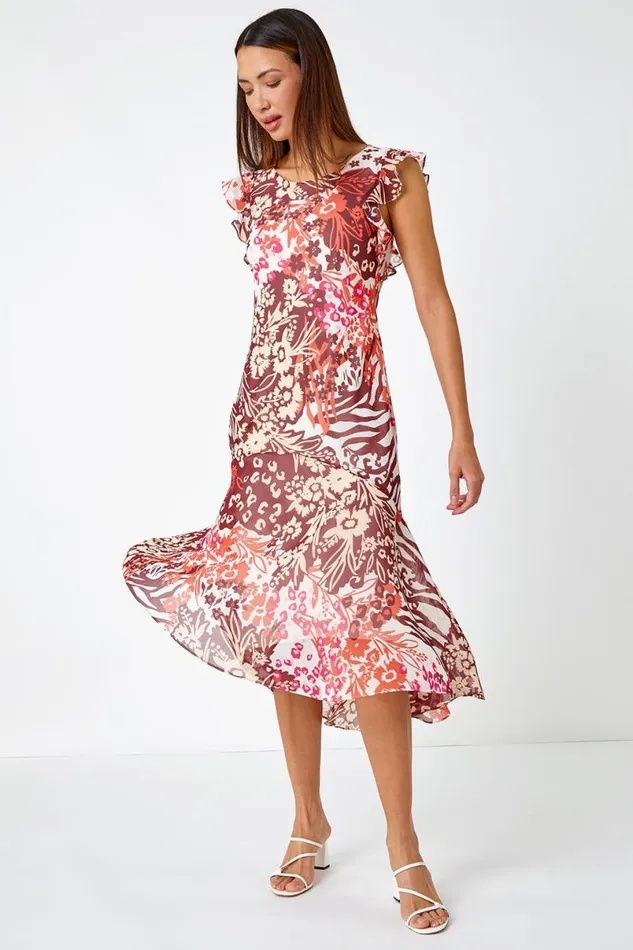 Pink Floral Print Chiffon Frill Detail Midi Dress Women Roman Dresses