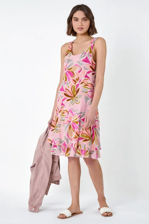 Pink Floral Print Cotton Layered Dress Women Roman Dresses
