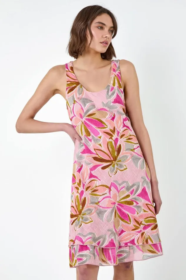 Pink Floral Print Cotton Layered Dress Women Roman Dresses