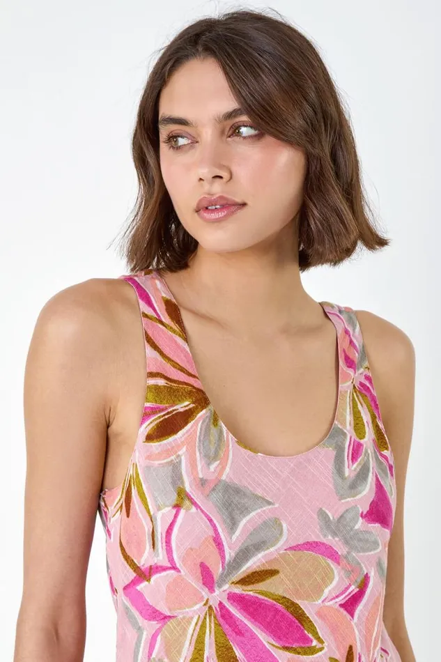 Pink Floral Print Cotton Layered Dress Women Roman Dresses