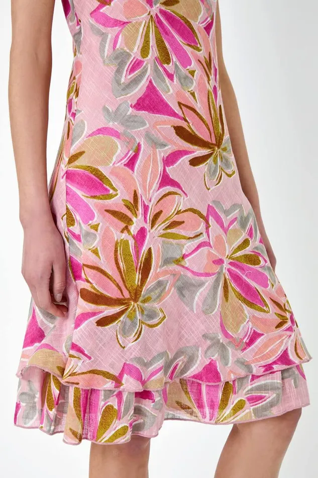 Pink Floral Print Cotton Layered Dress Women Roman Dresses