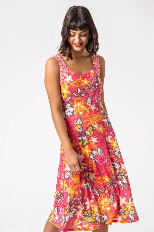 Pink Floral Print Fit And Flare Dress Women Roman Dresses