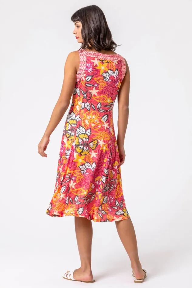 Pink Floral Print Fit And Flare Dress Women Roman Dresses