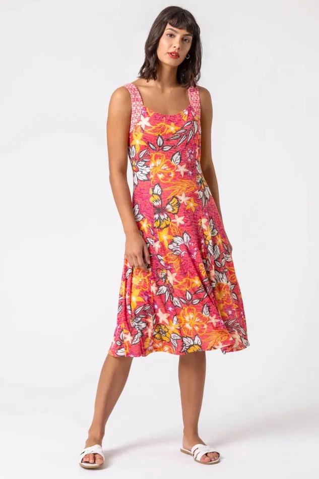 Pink Floral Print Fit And Flare Dress Women Roman Dresses