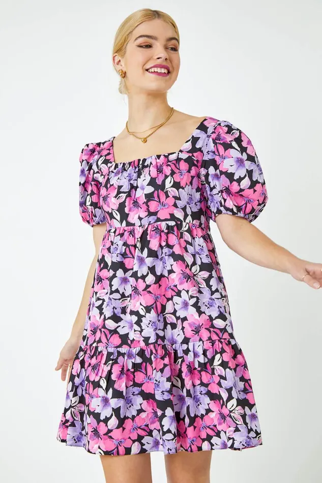 Pink Floral Print Shirred Smock Dress Women Roman Dresses