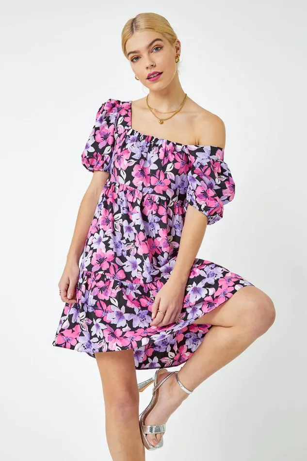 Pink Floral Print Shirred Smock Dress Women Roman Dresses