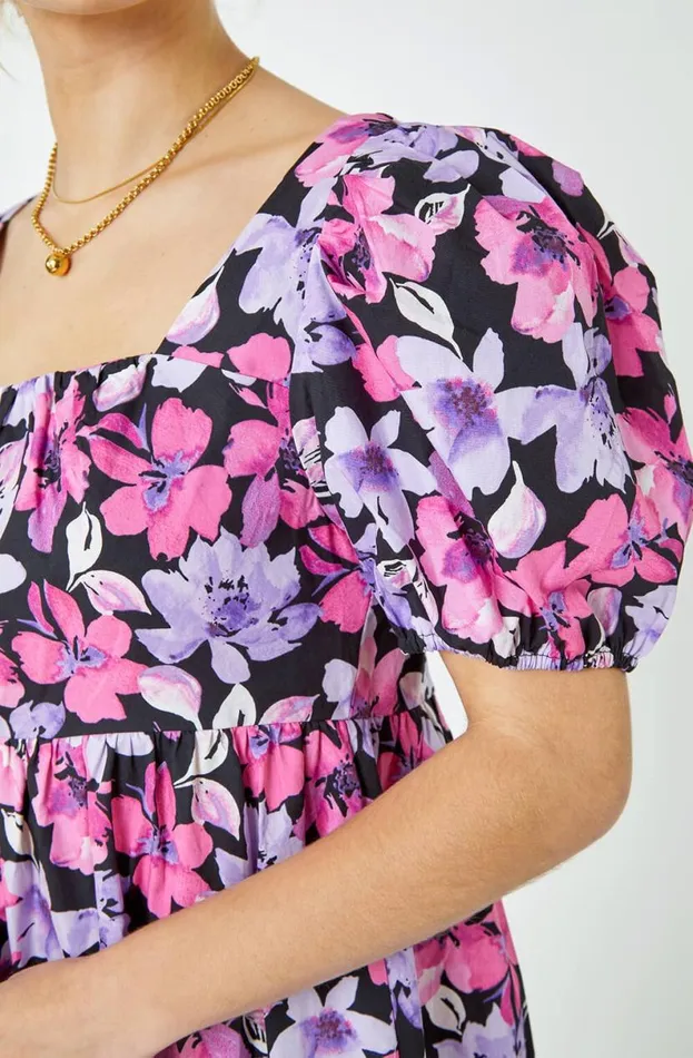 Pink Floral Print Shirred Smock Dress Women Roman Dresses