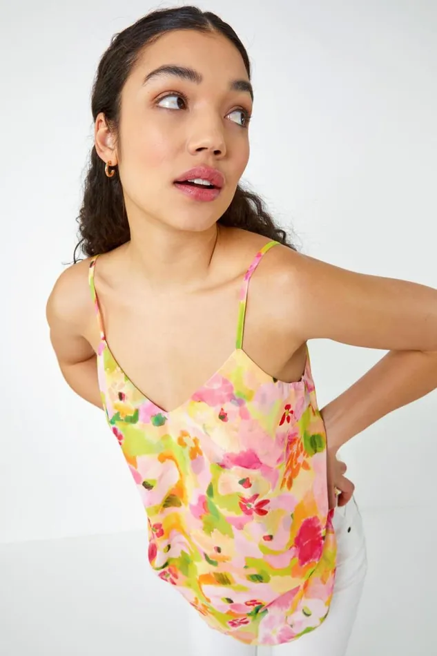 Pink Floral Print VNeck Double Layer Cami Top Women Roman Tops