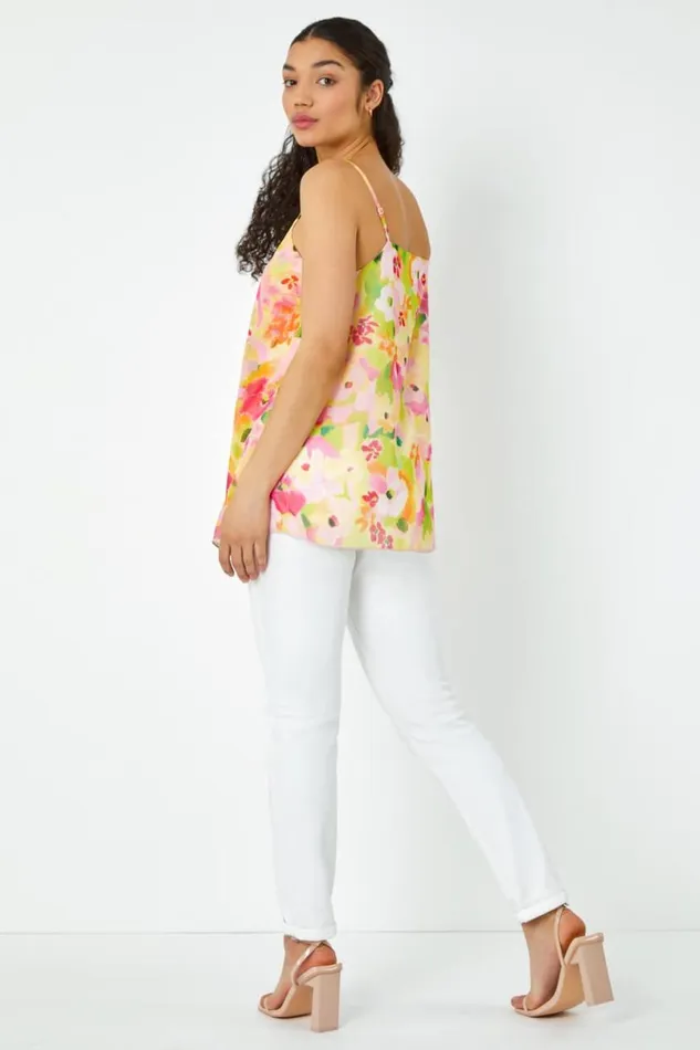 Pink Floral Print VNeck Double Layer Cami Top Women Roman Tops