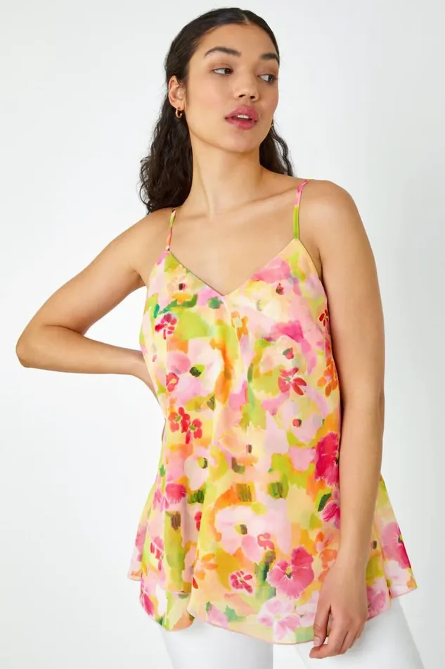 Pink Floral Print VNeck Double Layer Cami Top Women Roman Tops