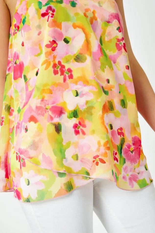 Pink Floral Print VNeck Double Layer Cami Top Women Roman Tops