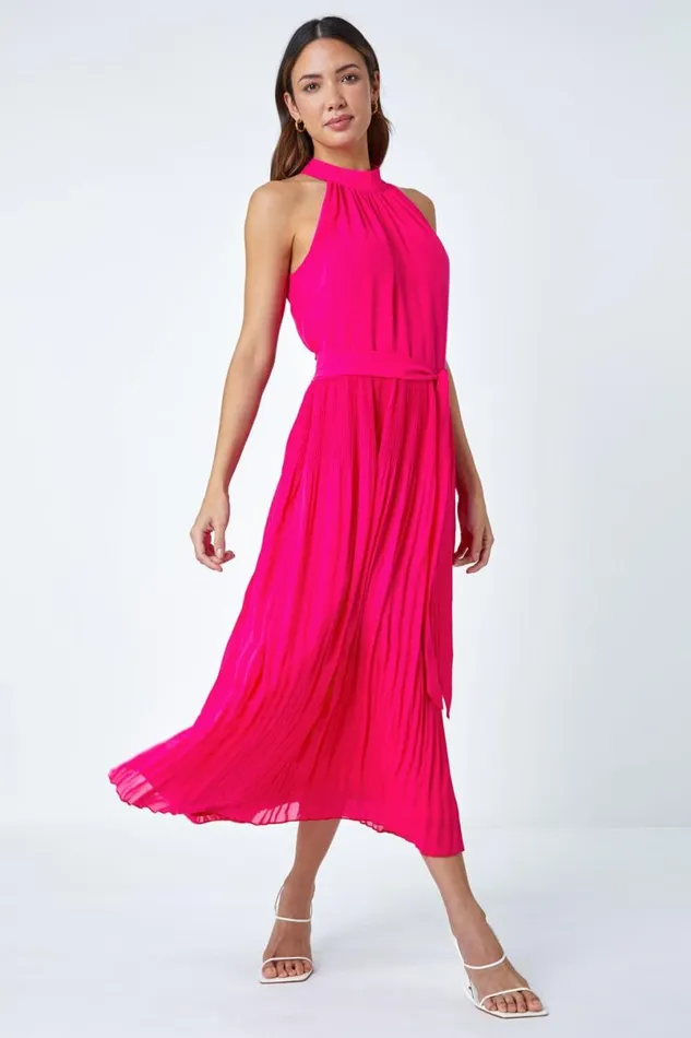 Pink Halterneck Pleated Chiffon Maxi Dress Women Roman Dresses