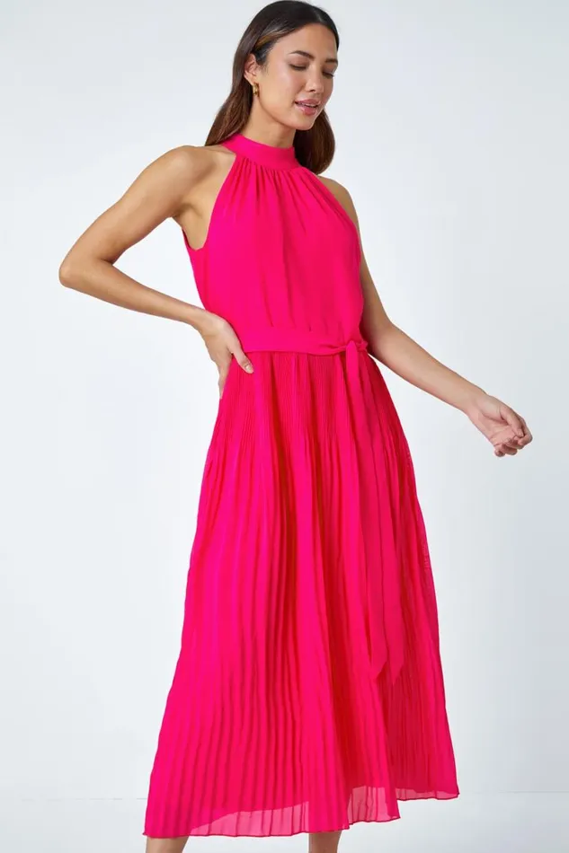 Pink Halterneck Pleated Chiffon Maxi Dress Women Roman Dresses