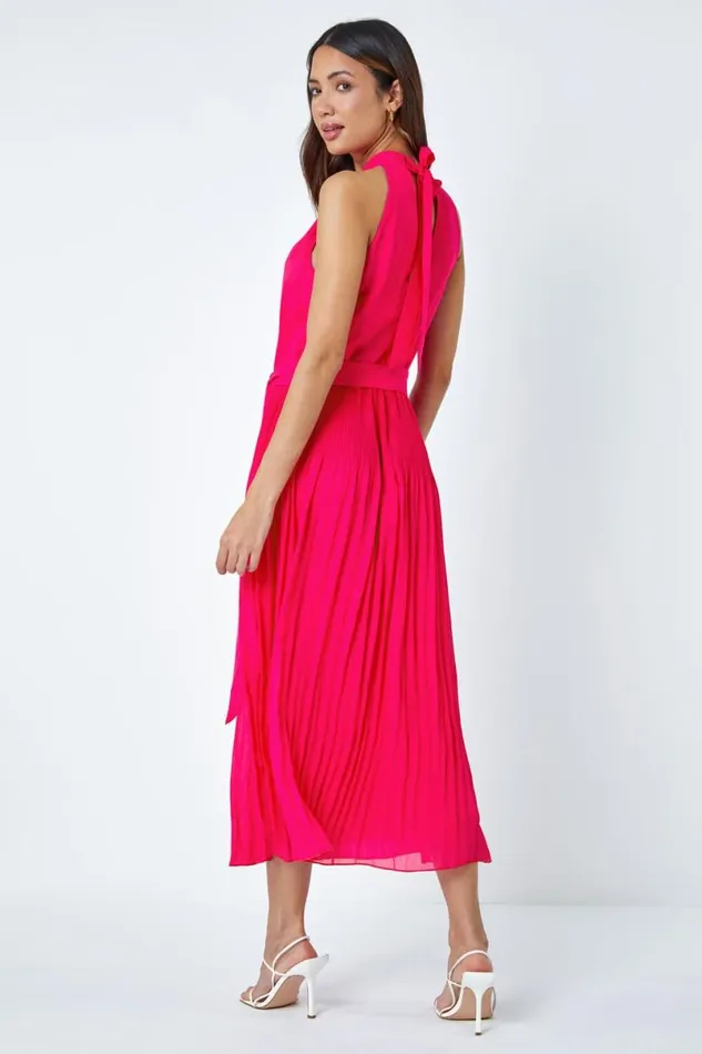 Pink Halterneck Pleated Chiffon Maxi Dress Women Roman Dresses