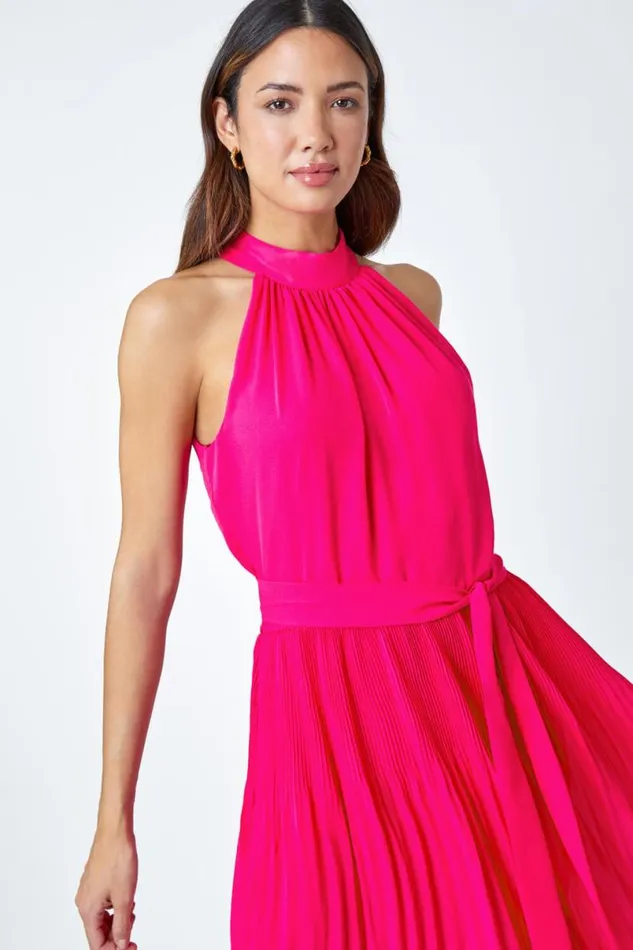 Pink Halterneck Pleated Chiffon Maxi Dress Women Roman Dresses
