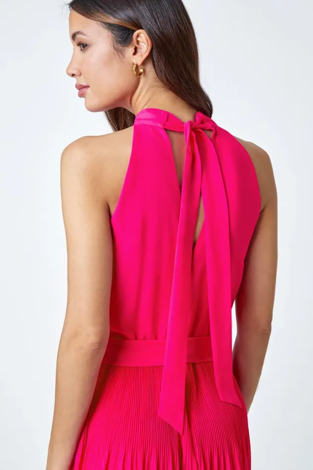Pink Halterneck Pleated Chiffon Maxi Dress Women Roman Dresses